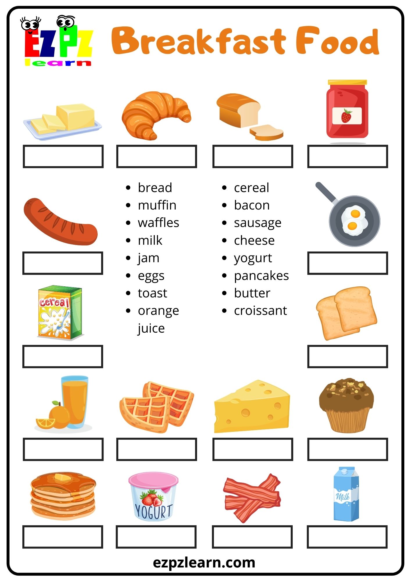 Breakfast Food Word Match Ezpzlearn